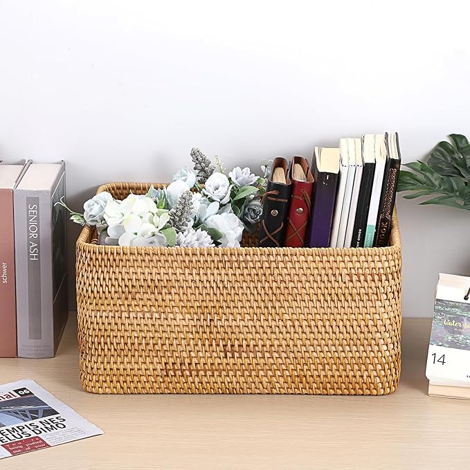 Hipiwe Handwoven Rattan Basket Decorative Natural Wicker Storage Basket Rectangular Wardrobe Home Organizer with Build-in Handles, 15" x 11" x 7.1"
