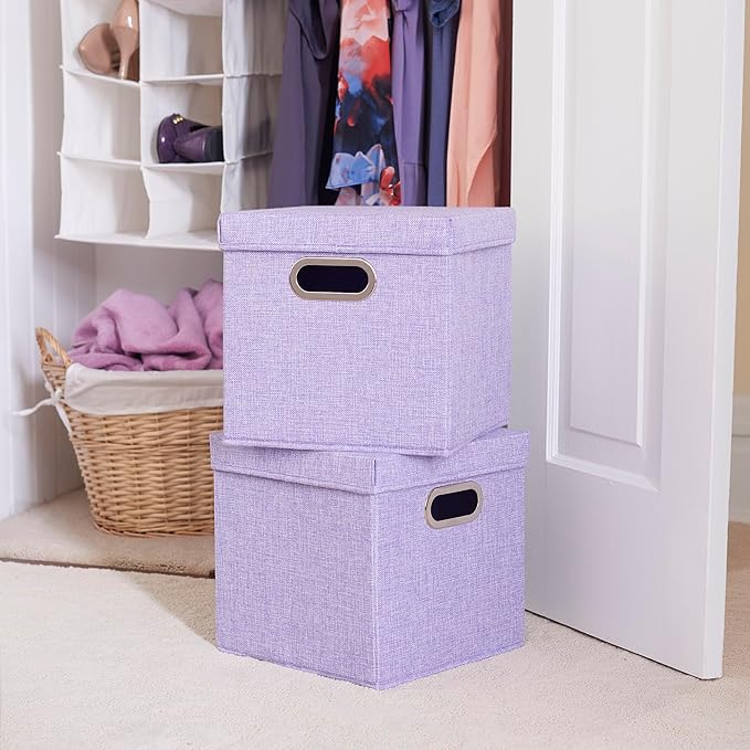 Household Essentials 814-1 Café Cube Bin Storage Set with Lids and Handles | 2 Pack, Purple Linen