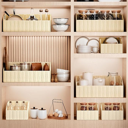 Rattan Storage Baskets, Handwoven Wicker Storage Bins with Built-in Handles, Storage Container Baskets for Shelves, Bedroom, Bathroom, Laundry Room or Kitchen(Beige)