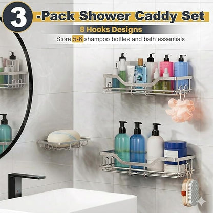 OMAIRA 3-Pack Shower Caddy with Soap Holder, Adhesive Rustproof No-drill Strudy Loading Inside Shower Organizer Shelves Rack Storage Bathroom Organization for Smooth Wall Glass Tile, Sliver (Large)