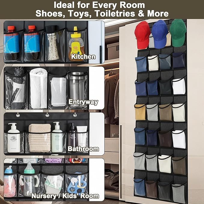 Over the Door Shoe Organizer - Space Saving Shoe Rack for Closet Door with 24 Crystal Clear Pockets and Metal Hooks, Shoe Holder Back of Door Organizers for Shoes, Hanging Shoe Organizer (Black)