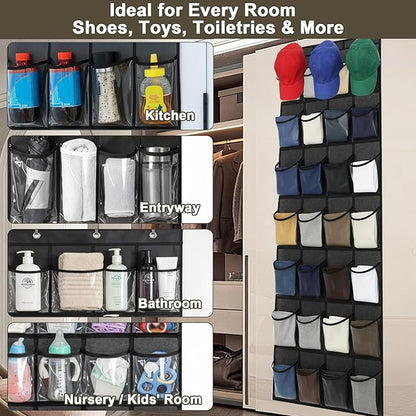 Over the Door Shoe Organizer - Space Saving Shoe Rack for Closet Door with 24 Crystal Clear Pockets and Metal Hooks, Shoe Holder Back of Door Organizers for Shoes, Hanging Shoe Organizer (Black)