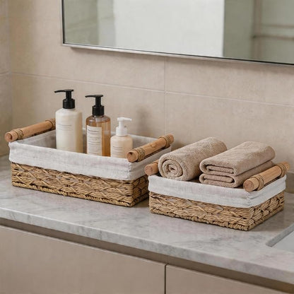 Wicker Bathroom Baskets Set of 2 with Linen Liner & Wooden Handles – Paper Rope Storage Baskets for Shelves, Bathroom Counter, Vanity & Farmhouse Décor