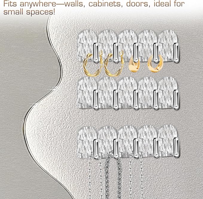 Gesodant 6 Pack Hanging Jewelry Organizer, Self-Adhesive Jewelry Hooks, Clear Wall Mounted Jewelry Hanger, Necklace Display Holder, 30 Hooks in Total
