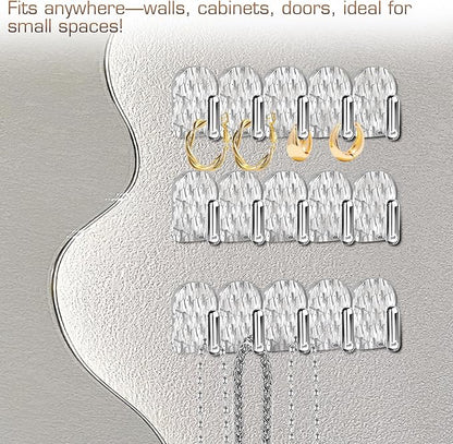 Gesodant 6 Pack Hanging Jewelry Organizer, Self-Adhesive Jewelry Hooks, Clear Wall Mounted Jewelry Hanger, Necklace Display Holder, 30 Hooks in Total