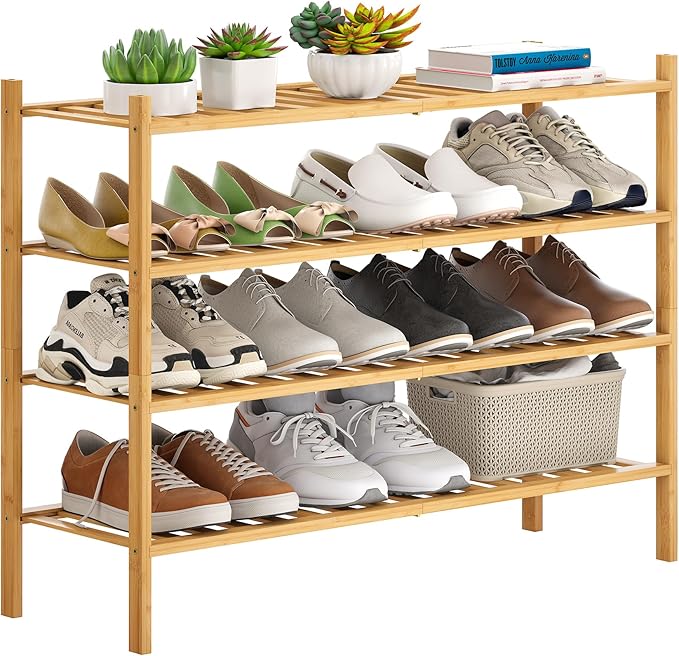 Bamboo Shoe Rack Stackable Shoe Shelf Storage Organizer for Unit Entryway Hallway and Closet Sturdy Freestanding Shoe Shelf (4L Tier Natural)