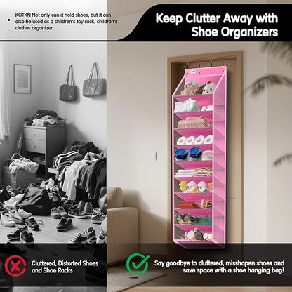 Kotkn 10 Tier Over The Door Organizer - Heavy Duty Hanging Storage Rack with Sturdy Oxford Fabric, Holds 20+ Pairs of Footwear, Boots & Sneakers, Saves 50% Closet Space! (Pink)