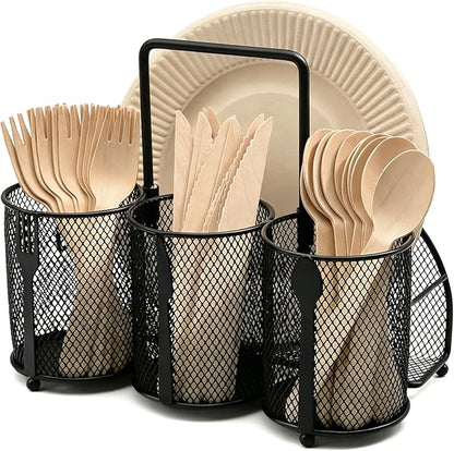 Silverware Organizer Utensil Caddy - 4 Compartment Metal Cutlery Holder Flatware Storage Basket Fork Spoon Napkin Paper Plate Kitchen Countertop Party Picnic Camping Buffet Outdoor (Black)