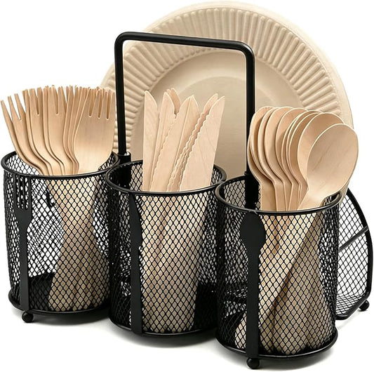 Silverware Organizer Utensil Caddy - 4 Compartment Metal Cutlery Holder Flatware Storage Basket Fork Spoon Napkin Paper Plate Kitchen Countertop Party Picnic Camping Buffet Outdoor (Black)