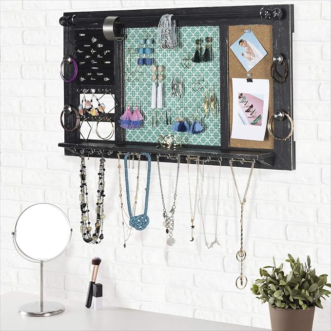 Large Rustic Wall Mounted Jewelry Organizer: 28"x16" Shabby Chic Jewelry Box Alternative Hanging Jewelry Organizer for Earings Necklaces Bracelets Accessories Bangles and Ring Holder (Black)