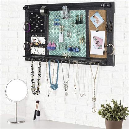 Large Rustic Wall Mounted Jewelry Organizer: 28"x16" Shabby Chic Jewelry Box Alternative Hanging Jewelry Organizer for Earings Necklaces Bracelets Accessories Bangles and Ring Holder (Black)