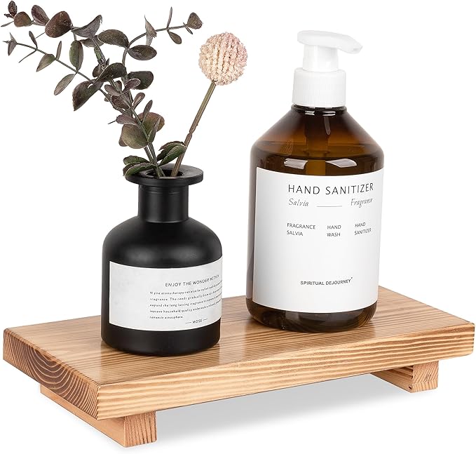 Bathroom Counter Organizer Wood Pedestal Stand Farmhouse Decorative Tray Soap Holder for Kitchen Decor, Large 10" x 4.5" - Brown