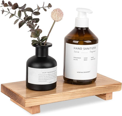 Bathroom Counter Organizer Wood Pedestal Stand Farmhouse Decorative Tray Soap Holder for Kitchen Decor, Large 10" x 4.5" - Brown