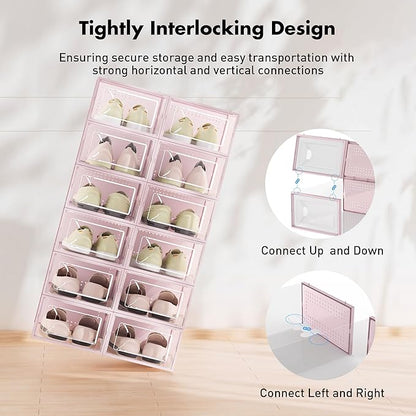 Foluck Shoe Storage Box, 15 Pack Clear Plastic Stackable Shoe Organizer for Closet, Interlocking Design Shoe Container Bins for Sneakers, Foldable Shoe Rack with Lids, Pink