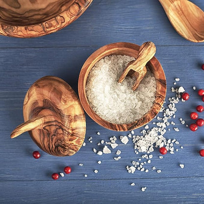 Forest Decor Wooden Salt Box with Scoop - Wood Salt Cellar with Lid - Handmade Spice Holder - Salt Keeper Spice Storage Box - Eco-friendly Bath Salt Container - Olive Wood Pepper Bowls & Spice Jars