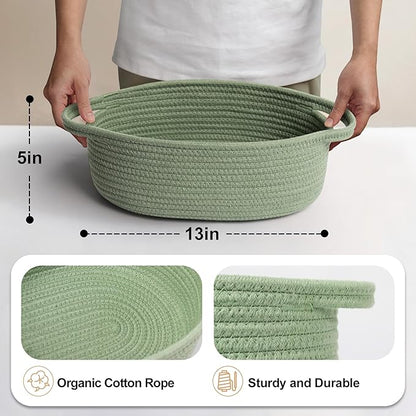 MEGASKET Green Woven Basket, 13" x 9" x 5" Baskets for Gifts Empty, Cute Cotton Rope Cat Dog Toy Bin Box, Small Woven Bin for Organizing, Green Room Decor, Nursery Baby Cloth Diaper Storage Organizer