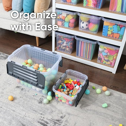 Superio Storage Box with Hinged Lids, Plastic Container Bins for Organizing with Attached Lid, Stackable Crates, BPA Free, Organizers for Home, 17 Quart (Clear with Grey Lids, 15"x10"x10.25")