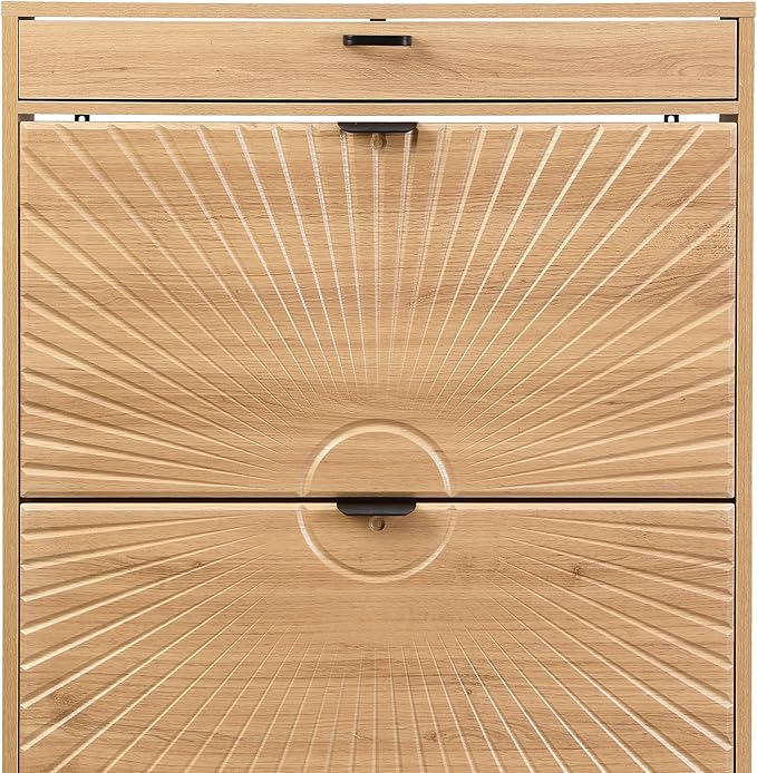 XIAO WEI Shoe Cabinet, Shoe Storage Organizer Cabinet with 2 Flip Half Moon Line Doors, Freestanding Shoe Rack with Adjustable Shelf for Entryway（Oak）