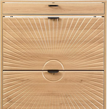 XIAO WEI Shoe Cabinet, Shoe Storage Organizer Cabinet with 2 Flip Half Moon Line Doors, Freestanding Shoe Rack with Adjustable Shelf for Entryway（Oak）