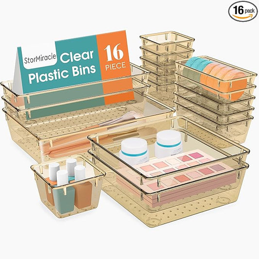 StorMiracle 16 PCS Drawer Organizer Set, 5 Varied Size Bathroom and kitchen Drawer cabinet organizer Trays, Clear Storage Bins for Makeup, Jewelry, Utensils and Gadgets, Champagne