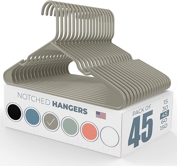 Plastic Hangers 45 Pack – Made in The USA – 6lb Capacity Standard Clothes Hangers with Notches and Reinforced Edges for Dresses, Lingerie, Shirts, Pants, and Jackets – Gray