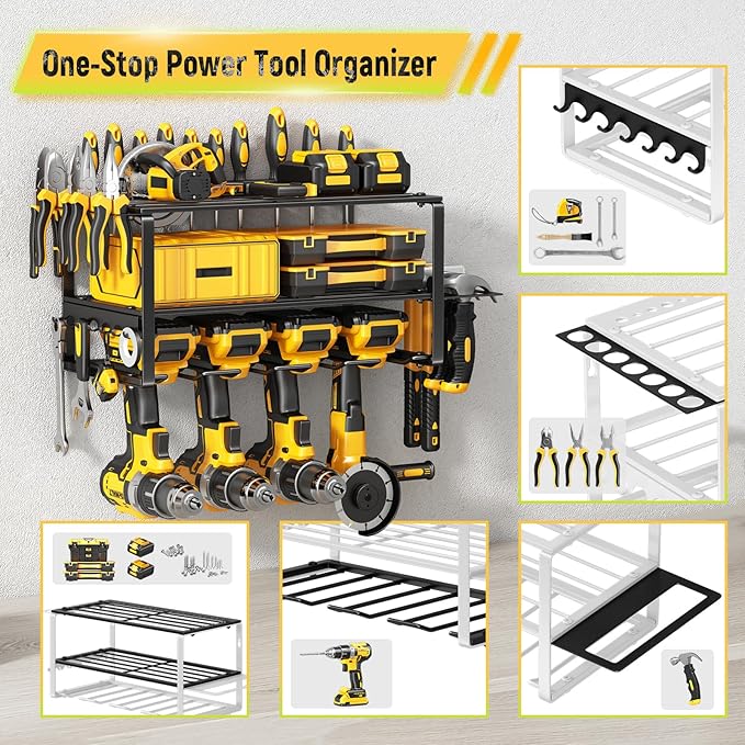 Hipidian Power Tool Organizer Wall Mount - Storage Rack with 4 Drill Holders for Drills Cordless Tools. Heavy Duty Iron Garage Tool Organizer Storage for Workshop Shed (4 Slots 3 Layers)