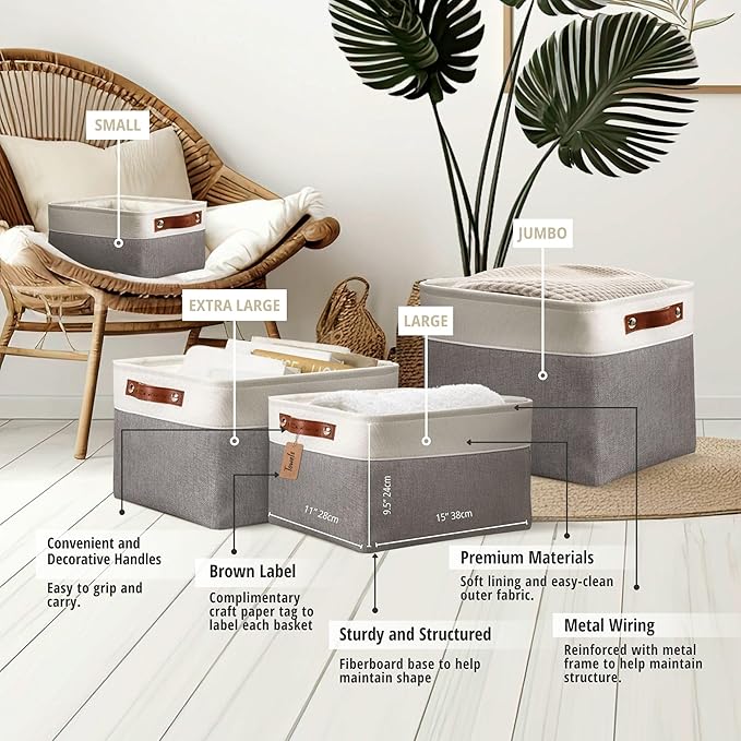 DECOMOMO Storage Bins, Large Fabric Storage Baskets for Shelves, Decorative Linen Closet Organizer, 15 x 11 x 9.5 inches (Slate Grey & White, 3 Pack)