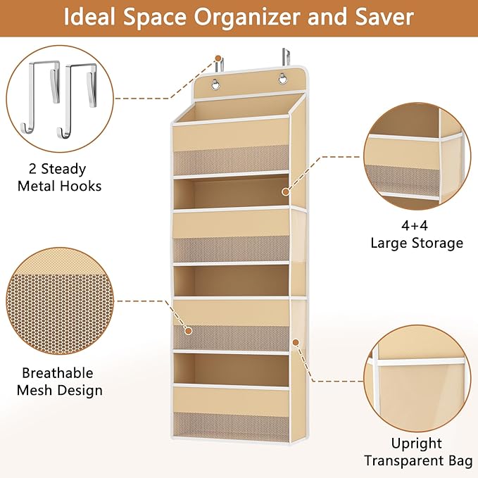 Kaitiemoo 1 Pack 4-Tier Over the Door Organizer, Heavy-Duty Large Deep Pocket Hanging With 4 Large Front & 4 Side Pockets With for Pantry, Kitchen, Bathroom, Dorm, Beige