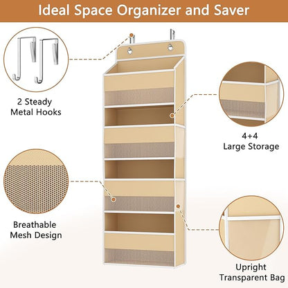 Kaitiemoo 1 Pack 4-Tier Over the Door Organizer, Heavy-Duty Large Deep Pocket Hanging With 4 Large Front & 4 Side Pockets With for Pantry, Kitchen, Bathroom, Dorm, Beige
