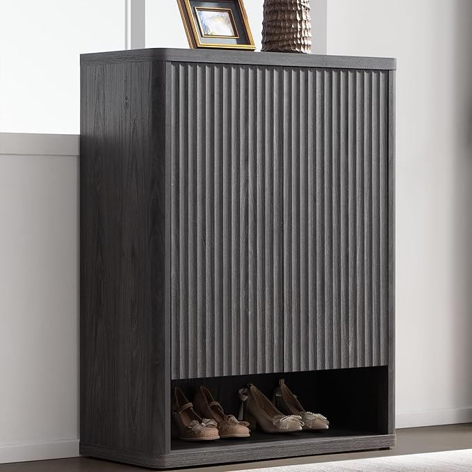 SICOTAS Shoe Cabinet 44 inch Tall Fluted Shoe Cabinet with Doors & 4 Shelves Wooden Large Hidden Shoe Storage Organizer Modern Free Standing 6-Tier Cabinet for Entryway Living Room Closet | Large Storage Organizer