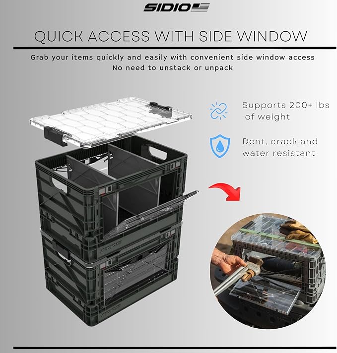 SIDIO Full-Size Collapsible Crate - Heavy Duty Stackable Storage Bin with Lid & 2 Short-Ways Dividers, Durable Plastic Organizer for Home, Office, Garage & Outdoor Use (Sol)