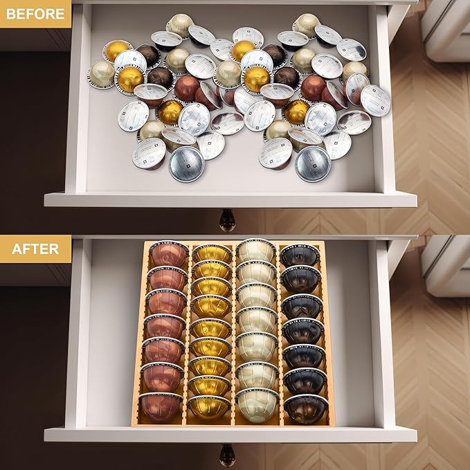 MinBoo Bamboo Coffee Pod Storage Holder Drawer Insert for Counter Compatible with Vertuoline Capsules for Kitchen, Home, Office, Coffee Station,Small