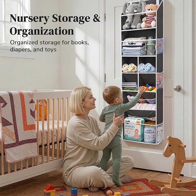 6-in-1 Over Door Hanging Organizer, Versatile Storage Over Door Organizer with 12 Mesh Pockets, 44 lbs Weight Capacity Hanging Storage Organizer for Bedroom, Bathroom,Behind Door,Deep Gray