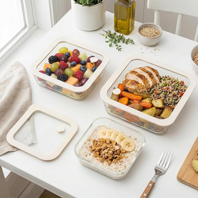 Urban Green Glass Food Container Set with Glass Lid, 3 Pack, Meal Prep Containers with Silicone Framed Airtight Lid, Leakproof, 100% Plastic Free,