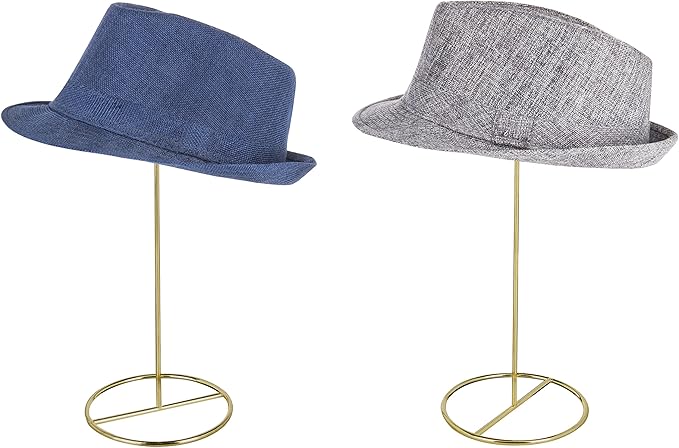MyGift 2 Pcs Cowboy Hat Stand for Display with Dome Holder, Tabletop Wig Rack Baseball Cap Storage Stands Home Retail Décor, 14 Inch Tall, Brass Tone Metal Wire