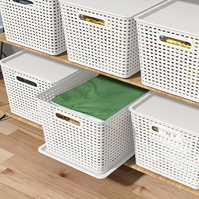 6-Pack Large Plastic Storage Baskets with Lid, Lidded Storage Organizer Bins, White