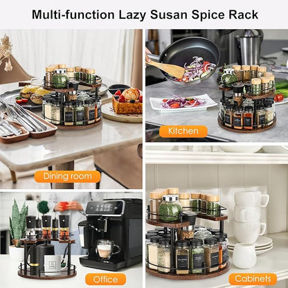 Turntable Lazy Susan Organizer Spice Rack, 2Tier Wooden Spinning Revolving Organizer Height Adjustable,12'' Seasoning Rotating Spice Rack for Cabinet,Kitchen Countertop,Dining Table,Vanity Storage