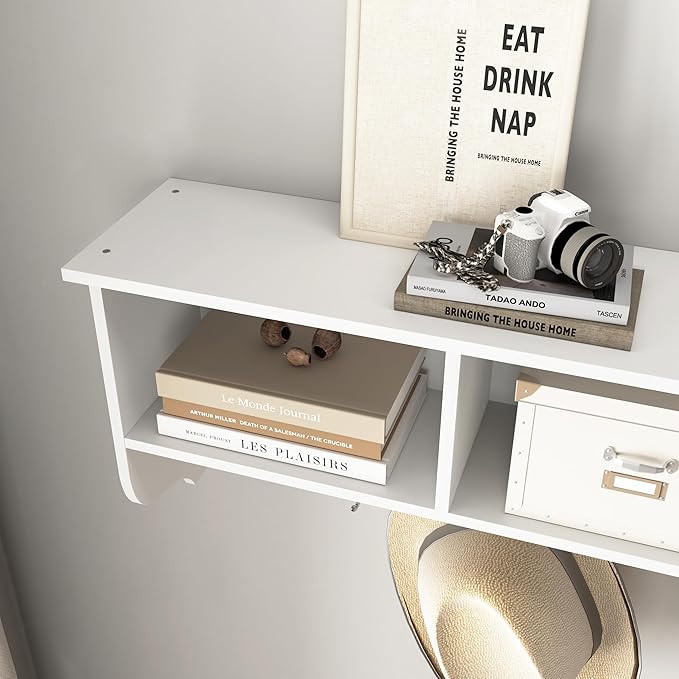 Wall Mounted Coat Rack with 4 Hooks & 3 Shelves, White MDF Entryway Storage, 38.6" Long, Easy Installation