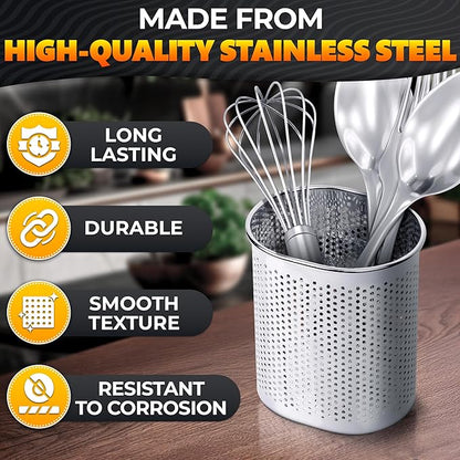 Chopstick Dishwasher Basket 3.5x2.7x3.9" – Stainless Steel Chopstick Holder for Dishwasher with Hooks, Oval Design Rust-Resistant Perforated Utensil Caddy for Straws, Teaspoons & Small Kitchen Tools