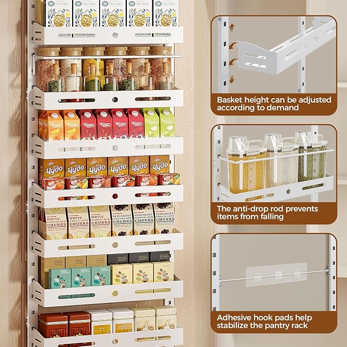 8-Tier Over The Door Pantry Organizer, Large 2 IN 1 Wall Mount or Hanging Spice Rack, Pantry Door Organizer and Storage with Adjustable Basket, Door Spice Rack for Pantry, White