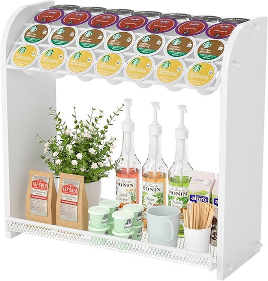 Lixple Coffee Pod Organizer for Countertop, Bamboo K Cup Holder, Easy Assembly Coffee Station Organizer for Home Office Coffee Bar, White
