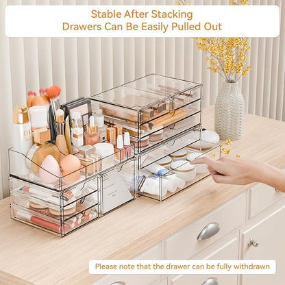 Yieach Acrylic Make up Organizers for Counter,Desk and Vanity,4 Pack Stackable Bathroom Counter Organizer with Drawers,Large Clear Makeup Organizers and Storage for Skincare,Cosmetic,Beauty Products