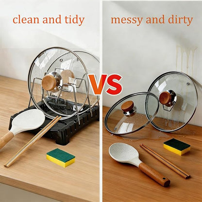 Adjustable Pot Lid Holder with Drip Tray, 2 in 1 Pot Lid Organizer & Spoon Rest, Stainless Steel Lid Holder for Countertop & Cabinet While Cooking, Space Saving Kitchen Pot Cover Rack, Easy Clean
