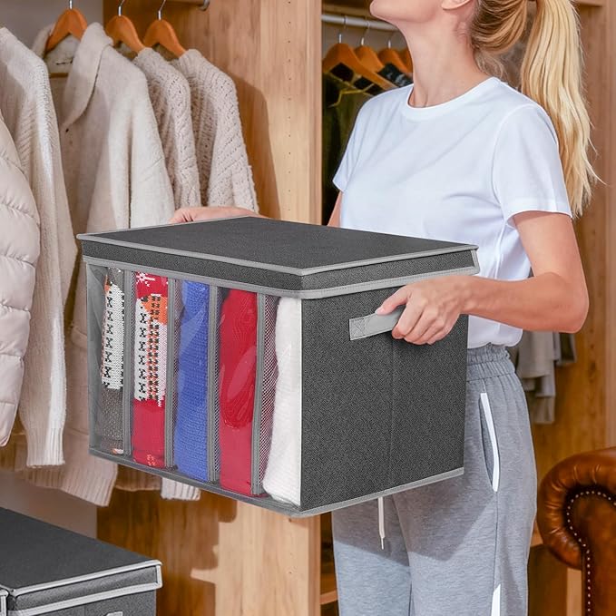 Zilink Upgraded Sweater Organizer for Shelf with Lids and Support Boards Clothes Organizer for Closet with 5 Grids Divider Sweater Storage Bins for Sweaters, Jeans, Pants, Black Pattern, 3 Pack