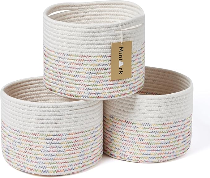 MiniArk Small Basket for Organizing | Cube Shelf Closet Storage Baskets | 9.7×9.7×7.1” | Woven Rope Gift Basket | Nursery | Round 3 Packs Rainbow