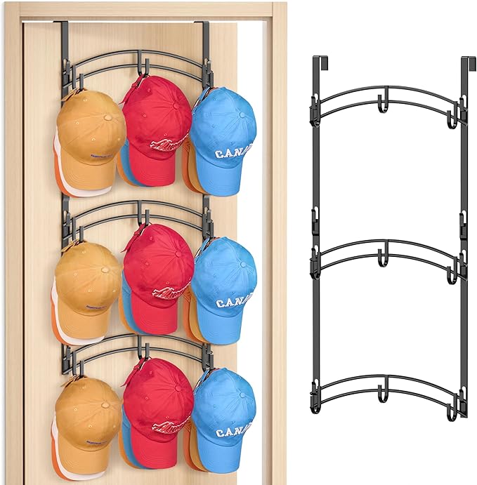 AOODA Space Saving Over the Door Hat Rack for Baseball Caps, Holds up to 27 Caps Metal Hat Organizer with 9 Hooks, Hanging Hat Holder Hanger for Closet, Bedroom (Black)