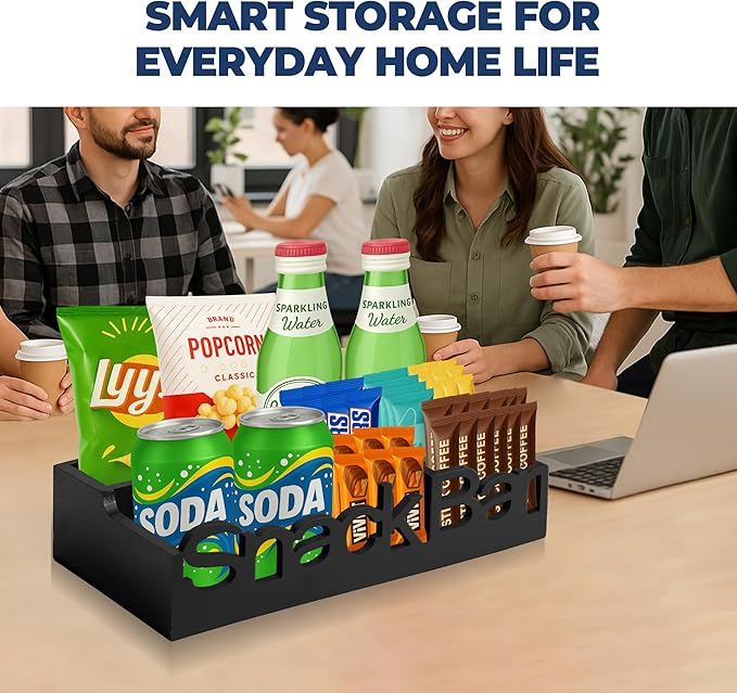 Snack Bar Organizer – Black 4 Compartment Station, Countertop Pantry Organizer for Kitchen, Office Food Holder, Candy Storage Bin, Display Stand, Cabinet Tray & Shelf