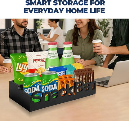 Snack Bar Organizer – Black 4 Compartment Station, Countertop Pantry Organizer for Kitchen, Office Food Holder, Candy Storage Bin, Display Stand, Cabinet Tray & Shelf