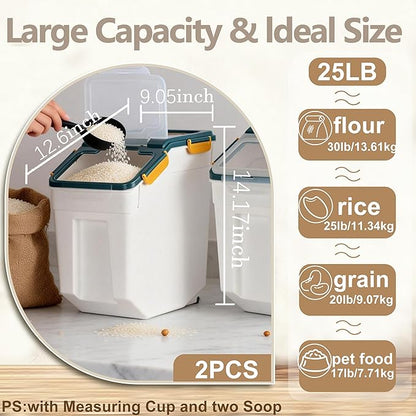 RUIAN Large Airtight Storage Container,25lb Flour Rice Storage Containers Bin with Wheels Seal Locking Lid, with Measuring Cup&Scoop for Flour, Rice, Grain (25lbt Blue,4PCS)