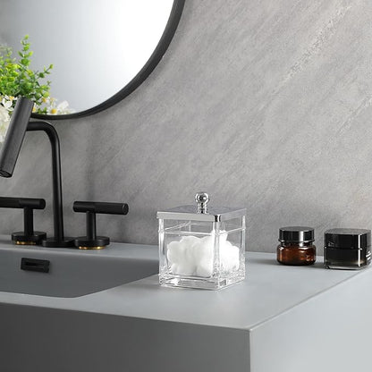 Apothecary Glass Cotton Jar Holder Silver Stainless Steel Lid, Elegant Bathroom Storage Canister for Qtips, Cotton Balls, Floss, Makeup Organizer, Vanity Bathroom Organization